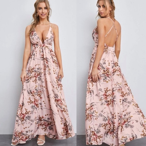 Crisscross open back maxi dress v neck leopard print boho bridesmaid - Picture 3 of 3